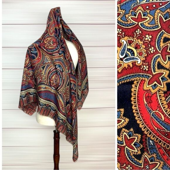 Large Square Scarf Paisley Red Blue Tan 46x46” - Picture 1 of 7